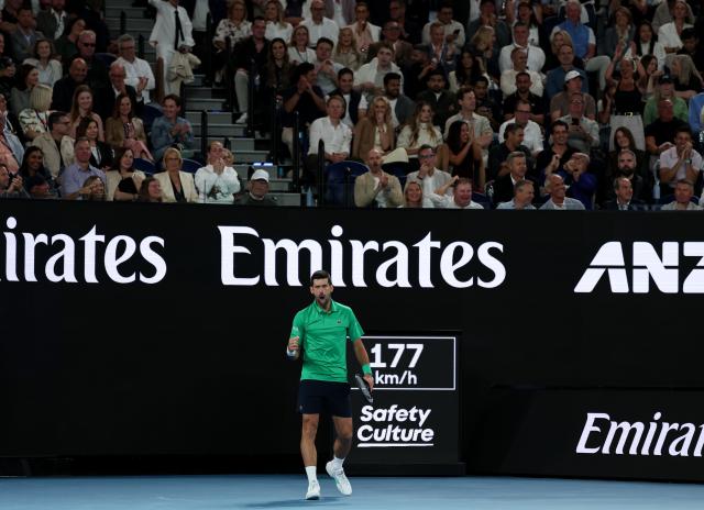 (260201) -- MELBOURNE, Feb. 1, 2026 (Xinhua) -- Novak Djokovic celebrates during the men's singles final between Carlos Alcaraz of Spain and Novak Djokovic of Serbia at the Australian Open tennis tournament in Melbourne, Australia, Feb. 1, 2026. (Xinhua/Ma Ping)
