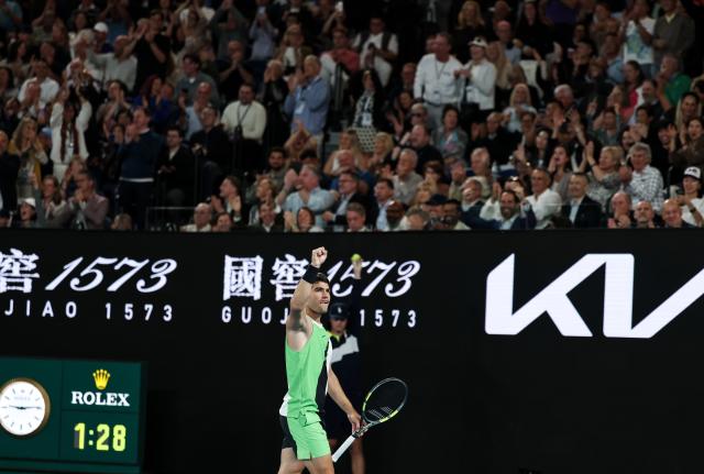(260201) -- MELBOURNE, Feb. 1, 2026 (Xinhua) -- Carlos Alcaraz celebrates during the men's singles final between Carlos Alcaraz of Spain and Novak Djokovic of Serbia at the Australian Open tennis tournament in Melbourne, Australia, Feb. 1, 2026. (Xinhua/Ma Ping)