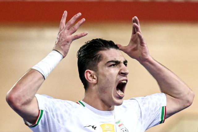 (260201) -- JAKARTA, Feb. 1, 2026 (Xinhua) -- Behrooz Azimihematabadi of Iran reacts after scoring during the Group D match between Iran and Afghanistan at the AFC Futsal Asian Cup 2026 in Jakarta, Indonesia, Feb. 1, 2026. (Xinhua/Agung Kuncahya B.)