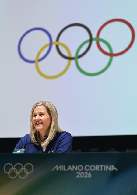 (260201) -- MILAN, Feb. 1, 2026 (Xinhua) -- International Olympic Committee (IOC) President Kirsty Coventry attends the IOC Executive Board press conference at the main press center of Milan-Cortina 2026 Olympic Winter Games in Milan, Italy, Feb. 1, 2026. (Xinhua/Du Xiaoyi)