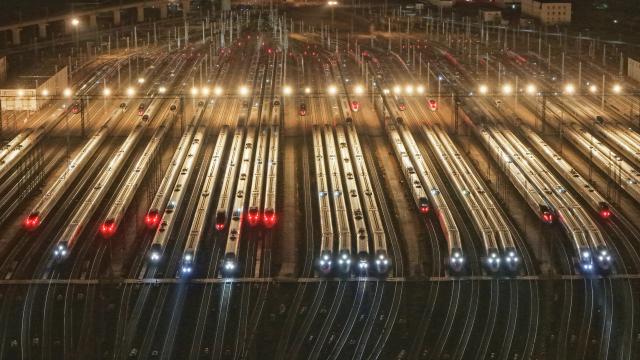 (260202) -- BEIJING, Feb. 2, 2026 (Xinhua) -- An aerial drone photo taken on Feb. 2, 2026 shows high-speed trains at a maintenance depot in Tianjin, north China.
  China's annual Spring Festival travel rush began on Monday, with inter-regional trips expected to hit a record 9.5 billion.
  Passenger volumes on railways and civil aviation are forecast at 540 million and 95 million, respectively, with both total traffic and daily peak flows expected to surpass previous records.
  The Spring Festival, or the Chinese New Year, falls on Feb. 17 this year. The official holiday lasts nine days, with the travel rush running through March 13. (Photo by Yang Baosen/Xinhua)