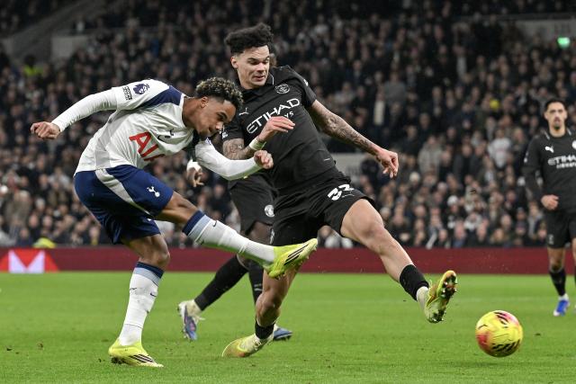 (260202) -- LONDON, Feb. 2, 2026 (Xinhua) -- Wilson Odobert of Tottenham Hotspur shoots during the English Premier League match between Tottenham Hotspur and Manchester City in London, Britain, on Feb. 1, 2026. (Xinhua)