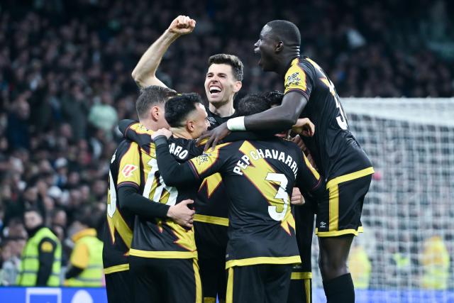 (260202) -- MADRID, Feb. 2, 2026 (Xinhua) -- Rayo Vallecano's players celebrate a goal during La Liga football match between Real Madrid and Rayo Vallecano in Madrid, Spain, Feb. 1, 2026. (Photo by Gustavo Valiente/Xinhua)
