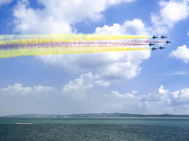 (260202) -- BEIJING, Feb. 2, 2026 (Xinhua) -- Aircraft of the Bayi Aerobatic Team of the Chinese People's Liberation Army (PLA) Air Force conduct a validation flight during the media preview for the 10th Singapore Airshow in Singapore, Feb. 1, 2026. (Photo by Geng Yihao/Xinhua)