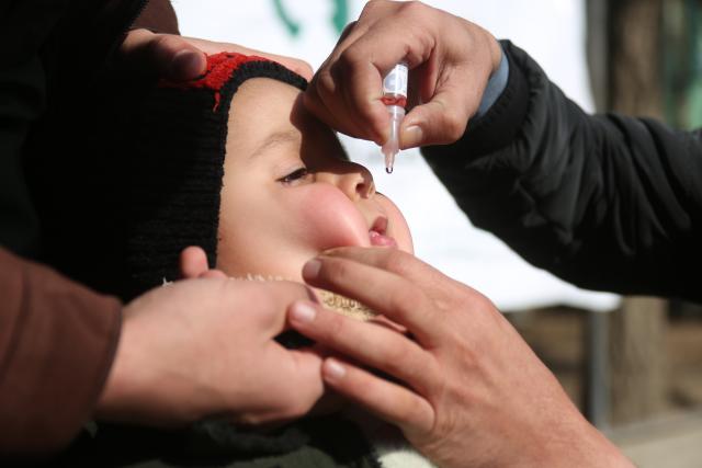 (260202) -- KABUL, Feb. 2, 2026 (Xinhua) -- A health worker gives a dose of polio vaccine to a child during a polio vaccination campaign in Kabul, Afghanistan, Feb. 2, 2026. Afghanistan launched its first polio vaccination campaign of 2026 on Monday, aiming to protect over 7.3 million children under 5 years old against poliovirus, the Ministry of Public Health reported. (Photo by Saifurahman Safi/Xinhua)