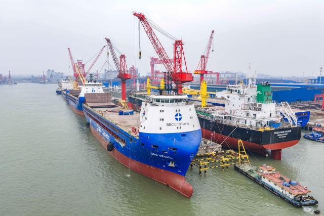 (260202) -- TAIZHOU, Feb. 2, 2026 (Xinhua) -- A drone photo shows large ships under construction at a shipbuilding base in Taizhou, east China's Jiangsu Province, Feb. 2, 2026. China's shipbuilding industry maintained the world's largest market share in terms of three major indicators for the 16th consecutive year in 2025, according to data released by the Ministry of Industry and Information Technology on Sunday.
   The country's shipbuilding output reached 53.69 million deadweight tonnes (DWT) in 2025, up 11.4 percent year on year and accounting for 56.1 percent of the global total.
   New orders reached 107.82 million DWT last year, representing a 69 percent share of the global market.
   As of the end of December 2025, the sector's holding orders stood at 274.42 million DWT, up 31.5 percent from the previous year. This volume accounted for 66.8 percent of the global market share. (Photo by Zhou Shegen/Xinhua)