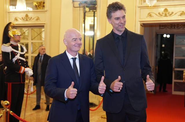 (260202) -- MILAN, Feb. 2, 2026 (Xinhua) -- FIFA President Gianni Infantino (L) and IOC Athletes Commission member Pau Gasol Saez arrive for the opening ceremony of the 145th IOC Session at La Scala Theatre in Milan, Italy on Feb. 2, 2026. (Xinhua/Sun Fei)