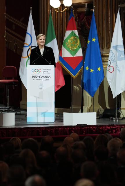 (260202) -- MILAN, Feb. 2, 2026 (Xinhua) -- IOC President Kirsty Coventry delivers a speech during the opening ceremony of the 145th IOC Session at La Scala Theatre in Milan, Italy on Feb. 2, 2026. (Xinhua/Sun Fei)