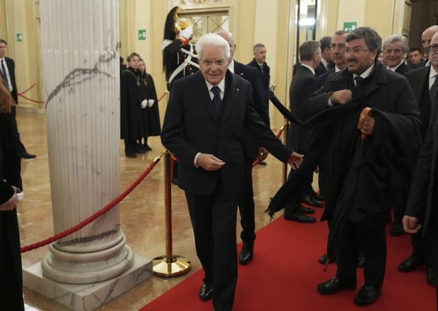 (260202) -- MILAN, Feb. 2, 2026 (Xinhua) -- Italian President Sergio Mattarella (front L) arrives for the opening ceremony of the 145th IOC Session at La Scala Theatre in Milan, Italy on Feb. 2, 2026. (Xinhua/Sun Fei)