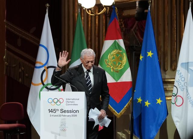 (260202) -- MILAN, Feb. 2, 2026 (Xinhua) -- Luciano Buonfiglio, President of the Italian National Olympic Committee (CONI), reacts during the opening ceremony of the 145th IOC Session at La Scala Theatre in Milan, Italy on Feb. 2, 2026. (Xinhua/Sun Fei)