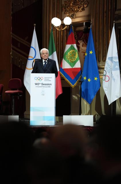 (260202) -- MILAN, Feb. 2, 2026 (Xinhua) -- Italian President Sergio Mattarella delivers a speech during the opening ceremony of the 145th IOC Session at La Scala Theatre in Milan, Italy on Feb. 2, 2026. (Xinhua/Sun Fei)