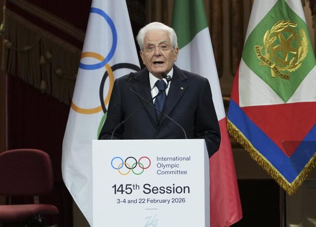 (260202) -- MILAN, Feb. 2, 2026 (Xinhua) -- Italian President Sergio Mattarella delivers a speech during the opening ceremony of the 145th IOC Session at La Scala Theatre in Milan, Italy on Feb. 2, 2026. (Xinhua/Sun Fei)