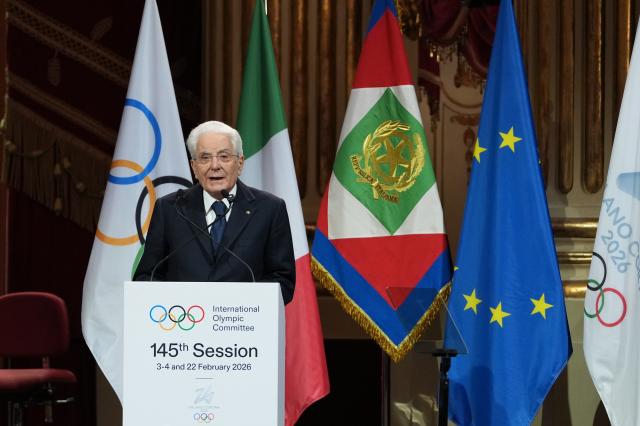 (260202) -- MILAN, Feb. 2, 2026 (Xinhua) -- Italian President Sergio Mattarella delivers a speech during the opening ceremony of the 145th IOC Session at La Scala Theatre in Milan, Italy on Feb. 2, 2026. (Xinhua/Sun Fei)