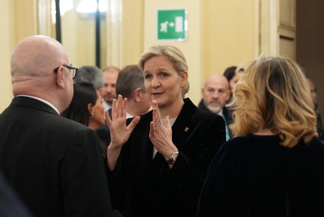 (260202) -- MILAN, Feb. 2, 2026 (Xinhua) -- IOC President Kirsty Coventry (C) reacts before the opening ceremony of the 145th IOC Session at La Scala Theatre in Milan, Italy on Feb. 2, 2026. (Xinhua/Sun Fei)