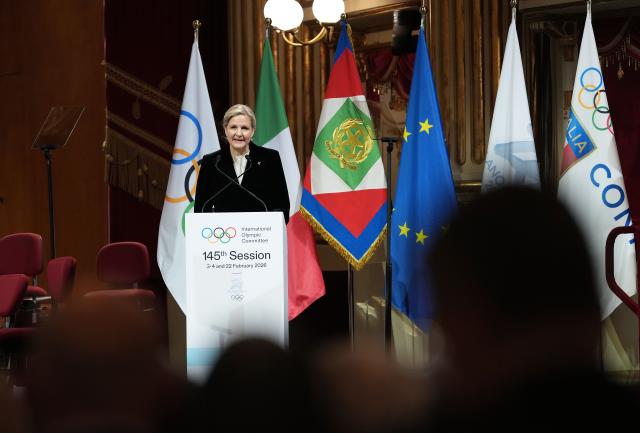 (260202) -- MILAN, Feb. 2, 2026 (Xinhua) -- IOC President Kirsty Coventry delivers a speech during the opening ceremony of the 145th IOC Session at La Scala Theatre in Milan, Italy on Feb. 2, 2026. (Xinhua/Sun Fei)