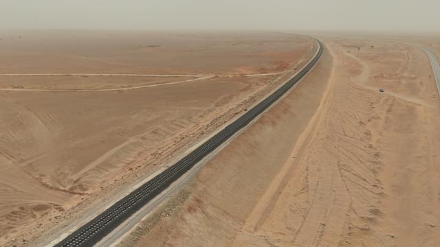 (260203) -- BECHAR, Feb. 3, 2026 (Xinhua) -- This undated aerial drone photo shows a view of the Western Mining Railway in Algeria. Algeria's Western Mining Railway, Africa's first heavy-haul desert railway, has opened to traffic, improving Algeria's national railway network and promoting connectivity and economic development in the country's southwestern areas. The 950-km railway, with 575 km constructed by China Railway Construction Corporation and Algerian state-owned companies, represents the largest infrastructure project undertaken by a Chinese company in Algeria. (China Railway Construction Corporation/Handout via Xinhua)