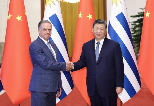 (260203) -- BEIJING, Feb. 3, 2026 (Xinhua) -- Chinese President Xi Jinping holds talks with President of the Oriental Republic of Uruguay Yamandu Orsi, who is on a state visit to China, at the Great Hall of the People in Beijing, capital of China, Feb. 3, 2026. (Xinhua/Huang Jingwen)