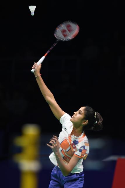 (260203) -- QINGDAO, Feb. 3, 2026 (Xinhua) -- Saloni Samirbhai Mehta of China's Hong Kong competes in the women's singles match against Gunji Riko of Japan during the Group X match between Japan and China's Hong Kong at Badminton Asia Team Championships 2026 in Qingdao, east China's Shandong Province, Feb. 3, 2026. (Xinhua/Li Ziheng)