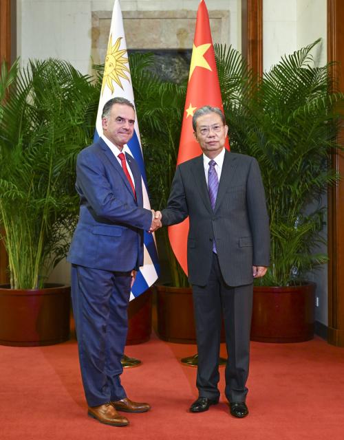 (260203) -- BEIJING, Feb. 3, 2026 (Xinhua) -- Zhao Leji, chairman of the National People's Congress Standing Committee, meets with President of the Oriental Republic of Uruguay Yamandu Orsi in Beijing, capital of China, Feb. 3, 2026. (Xinhua/Zhang Ling)