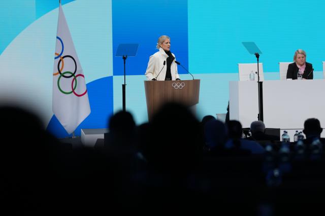 (260203) -- MILAN, Feb. 3, 2026 (Xinhua) -- International Olympic Committee (IOC) President Kirsty Coventry delivers a speech during the first day of the 145th IOC Session in Milan, Italy, Feb. 3, 2026. (Xinhua/Sun Fei)