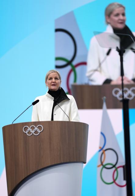 (260203) -- MILAN, Feb. 3, 2026 (Xinhua) -- International Olympic Committee (IOC) President Kirsty Coventry delivers a speech during the first day of the 145th IOC Session in Milan, Italy, Feb. 3, 2026. (Xinhua/Sun Fei)
