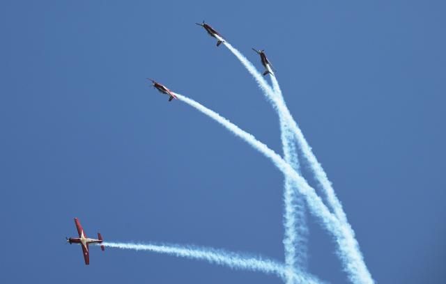 (260203) -- SINGAPORE, Feb. 3, 2026 (Xinhua) -- Airplanes of the Indonesian Air Force's Jupiter Aerobatic Team perform during a flying display at the Singapore Airshow in Singapore's Changi Exhibition Center, Feb. 3, 2026. The 10th Singapore Airshow opened on Tuesday at the Changi Exhibition Center and runs until Feb. 8. (Photo by Then Chih Wey/Xinhua)