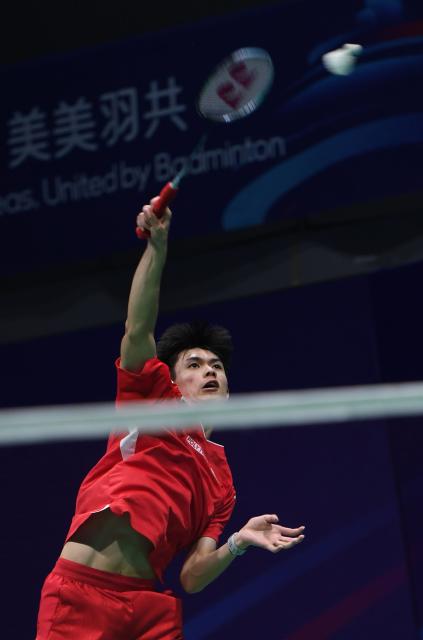 (260203) -- QINGDAO, Feb. 3, 2026 (Xinhua) -- Richie Duta Richardo of Indonesia hits a return in the men's singles match against Lal Zuidika of Myanmar during the men's team group D match between Indonesia and Myanmar at Badminton Asia Team Championships 2026 in Qingdao, east China's Shandong Province, Feb. 3, 2026. (Xinhua/Li Ziheng)