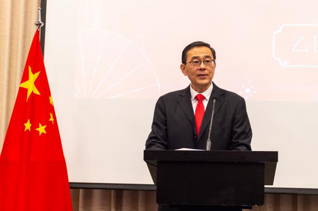 (260203) -- TBILISI, Feb. 3, 2026 (Xinhua) -- Chinese Ambassador to Georgia Zhou Qian addresses a reception for the Chinese community to celebrate the upcoming Spring Festival with her relatives in Tbilisi, Georgia, Feb. 2, 2026. The Chinese Embassy in Georgia on Monday held a reception for the Chinese community to celebrate the upcoming Spring Festival, with representatives vowing to continue serving as messengers of bilateral exchange and cooperation. (Xinhua/Chen Junfeng)