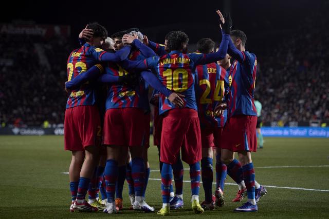 (260204) -- ALBACETE, Feb. 4, 2026 (Xinhua) -- Players of Barcelona celebrate during the Copa del Rey quarterfinal match between Albacete and Barcelona in Albacete, Spain, Feb. 3, 2026. (Str/Xinhua)