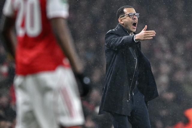 (260204) -- LONDON, Feb. 4, 2026 (Xinhua) -- Liam Rosenior, manager of Chelsea, reacts during the English Football League Cup semifinal second leg match between Arsenal and Chelsea in London, Britain, Feb. 3, 2026. (Xinhua)
FOR EDITORIAL USE ONLY. NOT FOR SALE FOR MARKETING OR ADVERTISING CAMPAIGNS. NO USE WITH UNAUTHORIZED AUDIO, VIDEO, DATA, FIXTURE LISTS, CLUB/LEAGUE LOGOS OR "LIVE" SERVICES. ONLINE IN-MATCH USE LIMITED TO 45 IMAGES, NO VIDEO EMULATION. NO USE IN BETTING, GAMES OR SINGLE CLUB/LEAGUE/PLAYER PUBLICATIONS.