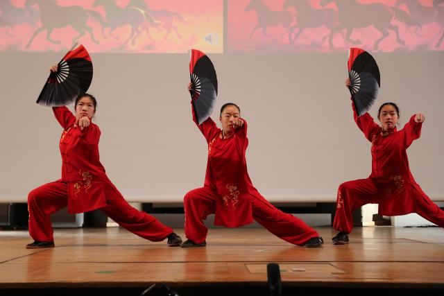 (260204) -- BERLIN, Feb. 4, 2026 (Xinhua) -- A Kung Fu show is staged at the 2026 Berlin-Brandenburg Spring Festival Gala in the Technical University of Berlin, in Berlin, Germany, Feb. 1, 2026.
  Organized by and for Chinese students, the event welcomed the Chinese New Year, which begins on Feb. 17 and ushers in the Year of the Horse.
  TO GO WITH "Feature: From Kung Fu to opera: Chinese students celebrate Year of the Horse in Berlin" (Xinhua/Du Zheyu)