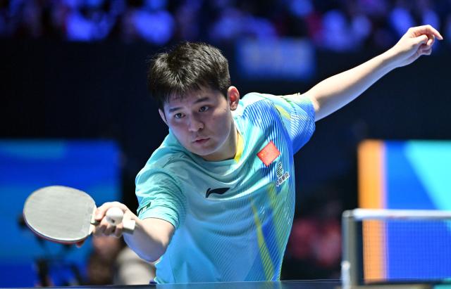 (260204) -- HAIKOU, Feb. 4, 2026 (Xinhua) -- Lin Shidong hits a return during the men's singles group match between Lin Shidong of China and Snehit Suravajjula of India at the ITTF-ATTU Asian Cup Haikou 2025 table tennis tournament in Haikou, south China's Hainan Province, Feb. 4, 2026. (Xinhua/Guo Cheng)