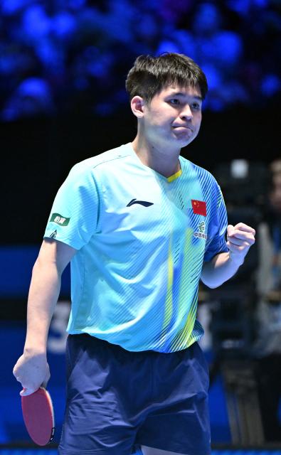 (260204) -- HAIKOU, Feb. 4, 2026 (Xinhua) -- Lin Shidong reacts during the men's singles group match between Lin Shidong of China and Snehit Suravajjula of India at the ITTF-ATTU Asian Cup Haikou 2026 table tennis tournament in Haikou, south China's Hainan Province, Feb. 4, 2026. (Xinhua/Guo Cheng)