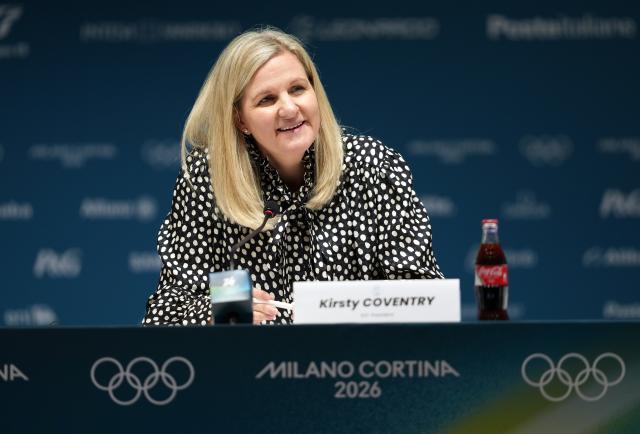 (260204) -- MILAN, Feb. 4, 2026 (Xinhua) -- International Olympic Committee (IOC) President Kirsty Coventry reacts during a press conference of the International Olympic Committee (IOC) 145th Session in Milan, Italy, Feb. 4, 2026. (Xinhua/Na Yuqi)