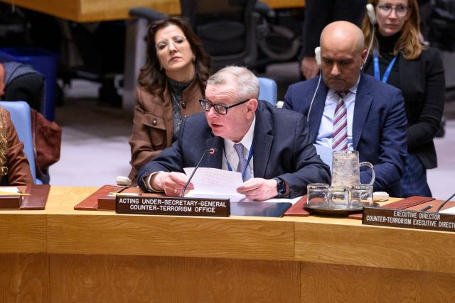 (260204) -- UNITED NATIONS, Feb. 4, 2026 (Xinhua) -- Acting under-secretary-general of the UN Office of Counter-Terrorism Alexandre Zouev (C) speaks at a Security Council meeting at the UN headquarters in New York, on Feb. 4, 2026. The threat posed by the Islamic State (IS) has increased in the past few months, a UN official said Wednesday. The IS continued to recruit foreign terrorist fighters and to enhance the use of new and emerging technologies, Alexandre Zouev, acting under-secretary-general of the UN Office of Counter-Terrorism, told the Security Council in a briefing. (Loey Felipe/UN Photo/Handout via Xinhua)