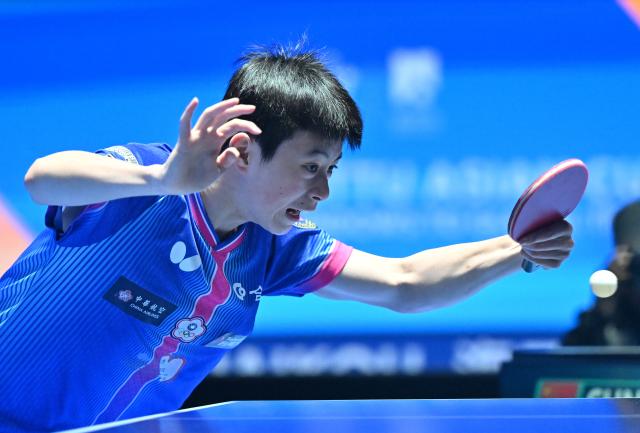 (260205) -- HAIKOU, Feb. 5, 2026 (Xinhua) -- Kuo Guan-Hong hits a return during the men's singles group match between Lin Shidong of China and Kuo Guan-Hong of Chinese Taipei at the ITTF-ATTU Asian Cup Haikou 2026 table tennis tournament in Haikou, south China's Hainan Province, Feb. 5, 2026. (Xinhua/Guo Cheng)
