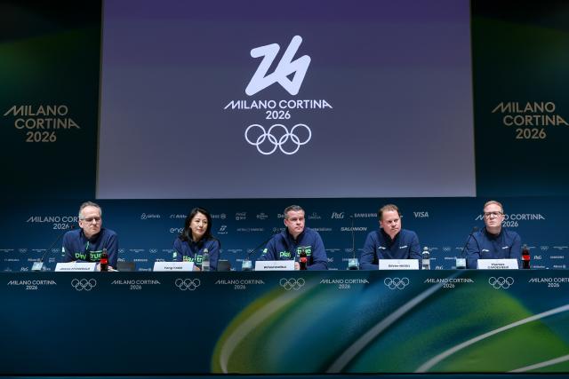 (260205) -- MILAN, Feb. 5, 2026 (Xinhua) -- World Anti-Doping Agency (WADA) Head of Media Relations James Fitzgerald (1st L), WADA President Witold Banka (C), WADA Vice-President Yang Yang (2nd L), WADA Director General Olivier Niggli (2nd R) and Chair of WADA's Independent Observer team Thomas Capdevielle attend a press conference at the main press center of the Milan-Cortina 2026 Olympic Winter Games, in Milan, Italy, on Feb. 5, 2026. (Xinhua/Zhang Cheng)