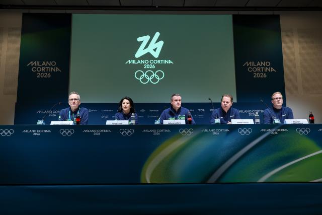 (260205) -- MILAN, Feb. 5, 2026 (Xinhua) -- World Anti-Doping Agency (WADA) Head of Media Relations James Fitzgerald (1st L), WADA President Witold Banka (C), WADA Vice-President Yang Yang (2nd L), WADA Director General Olivier Niggli (2nd R) and Chair of WADA's Independent Observer team Thomas Capdevielle attend a press conference at the main press center of the Milan-Cortina 2026 Olympic Winter Games, in Milan, Italy, on Feb. 5, 2026. (Xinhua/Zhang Cheng)