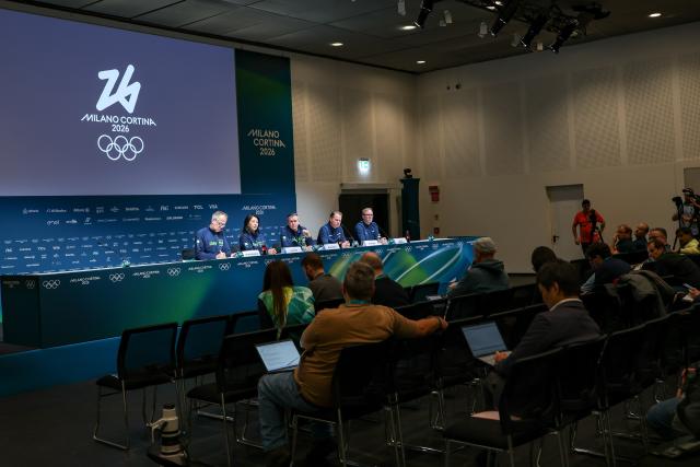 (260205) -- MILAN, Feb. 5, 2026 (Xinhua) -- World Anti-Doping Agency (WADA) Head of Media Relations James Fitzgerald (1st L, back), WADA President Witold Banka (C, back), WADA Vice-President Yang Yang (2nd L, back), WADA Director General Olivier Niggli (2nd R, back) and Chair of WADA's Independent Observer team Thomas Capdevielle attend a press conference at the main press center of the Milan-Cortina 2026 Olympic Winter Games, in Milan, Italy, on Feb. 5, 2026. (Xinhua/Zhang Cheng)
