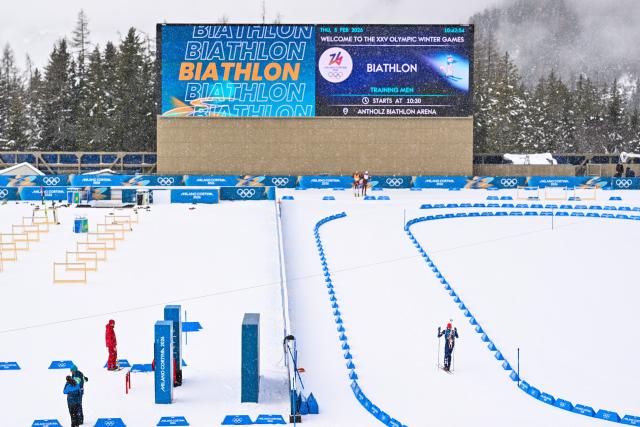 (260205) -- ANTAISAIERWA, Feb. 5, 2026 (Xinhua) -- This photo taken on Feb. 5, 2026 shows a view of the Anterselva Biathlon Arena in Anterselva, Italy. The biathlon competition of the Milan-Cortina 2026 Olympic Winter Games will be held at the venue. (Xinhua/Jiang Han)