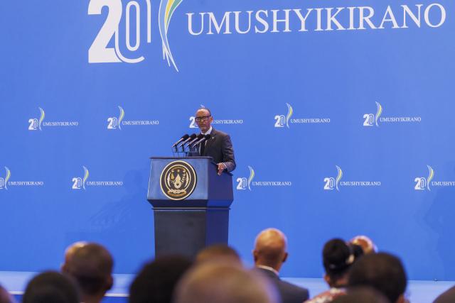 (260205) -- KIGALI, Feb. 5, 2026 (Xinhua) -- Rwandan President Paul Kagame speaks at the 20th National Dialogue Council, in Kigali, Rwanda, Feb. 5, 2026. Rwandan President Paul Kagame on Thursday called for renewed commitment to self-reliance and accelerated national development, as the African country convened the 20th National Dialogue Council. The dialogue, locally known as Umushyikirano, runs through Friday in the Rwandan capital, Kigali. (Photo by Cyril Ndegeya/Xinhua)