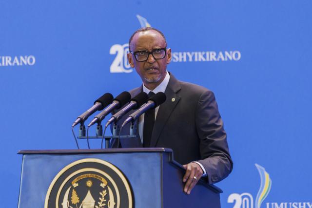 (260205) -- KIGALI, Feb. 5, 2026 (Xinhua) -- Rwandan President Paul Kagame speaks at the 20th National Dialogue Council, in Kigali, Rwanda, Feb. 5, 2026. Rwandan President Paul Kagame on Thursday called for renewed commitment to self-reliance and accelerated national development, as the African country convened the 20th National Dialogue Council. The dialogue, locally known as Umushyikirano, runs through Friday in the Rwandan capital, Kigali. (Photo by Cyril Ndegeya/Xinhua)