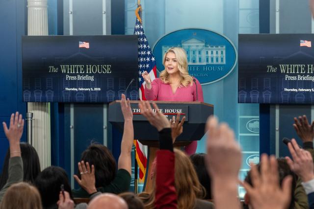 (260206) -- WASHINGTON, D.C., Feb. 6, 2026 (Xinhua) -- White House Press Secretary Karoline Leavitt gestures during a press briefing at the White House in Washington, D.C., the United States, on Feb. 5, 2026. U.S. President Donald Trump on Thursday called for replacing the New Strategic Arms Reduction Treaty (New START) between the United States and Russia with a "modernized" deal. (Photo by Li Yuanqing/Xinhua)
