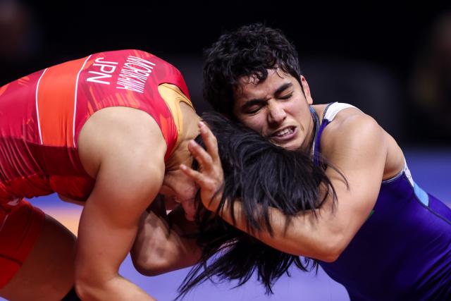 (260206) -- ZAGREB, Feb. 6, 2026 (Xinhua) -- Neelam Neelam (R) of India competes against Morikawa Haruna of Japan during UWW Grand Prix Ranking Series Zagreb Open 2026 Women's Wrestling 50kg weight class gold medal match in Zagreb, Croatia, on Feb. 5, 2026. (Photo by Igor Kralj/PIXSELL via Xinhua)