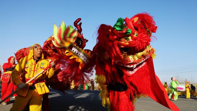 (260206) -- BEIJING, Feb. 6, 2026 (Xinhua) -- A folk Shehuo team performs lion dance at a logistics park in Zhangye City, northwest China's Gansu Province, Feb. 5, 2026. With the Spring Festival drawing near, various festive events are held across the country to celebrate the Chinese New Year. (Photo by Cheng Lin/Xinhua)