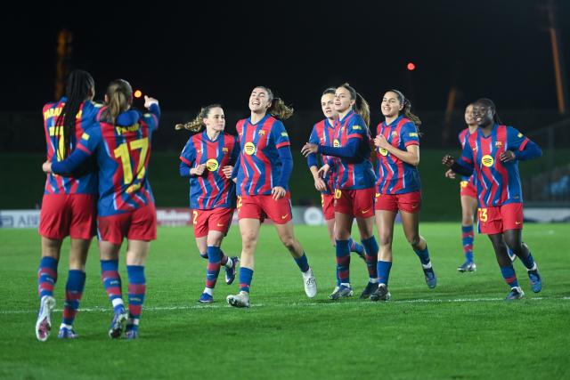 (260206) -- MADRID, Feb. 6, 2026 (Xinhua) -- Players of Barcelona celebrate a goal during the Copa de la Reina match between Real Madrid and FC Barcelona in Madrid, Spain, on Feb. 5, 2026. (Photo by Gustavo Valiente/Xinhua)