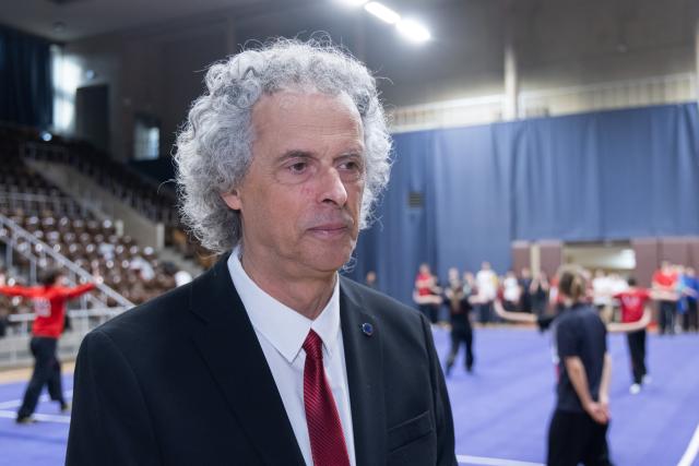 (260206) -- BUDAPEST, Feb. 6, 2026 (Xinhua) -- Patrick Van Campenhout, president of the European Wushu Federation, is interviewed during the European Wushu Taolu training camp in Budapest, Hungary, on Feb. 5, 2026. TO GO WITH "Europe launches first high-level wushu taolu camp ahead of Youth Olympics" (Photo by Attila Volgyi/Xinhua)