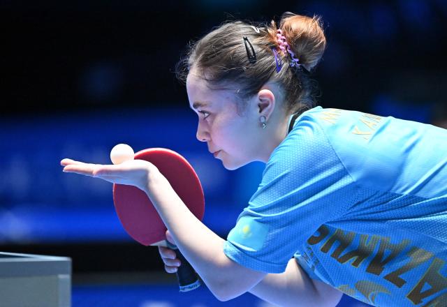 (260206) -- HAIKOU, Feb. 6, 2026 (Xinhua) -- Sarvinoz Mirkadirova serves during the women's singles group match between Wang Yidi of China and Sarvinoz Mirkadirova of Kazakhstan at the ITTF-ATTU Asian Cup Haikou 2026 table tennis tournament in Haikou, south China's Hainan Province, Feb. 6, 2026. (Xinhua/Guo Cheng)
