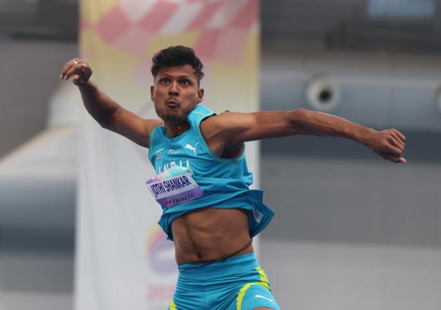 (260206) -- TIANJIN, Feb. 6, 2026 (Xinhua) -- Jothi Shankar Aadarsh Ram of India celebrates during the men's high jump final at the 12th Asian Indoor Athletics Championships 2026 in Tianjin, north China, Feb. 6, 2026. (Xinhua/Sun Fanyue)