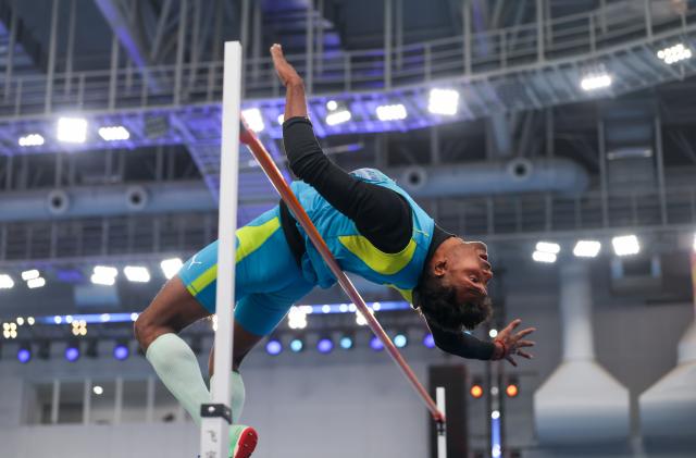 (260206) -- TIANJIN, Feb. 6, 2026 (Xinhua) -- Jothi Shankar Aadarsh Ram of India competes during the men's high jump final at the 12th Asian Indoor Athletics Championships 2026 in Tianjin, north China, Feb. 6, 2026. (Xinhua/Sun Fanyue)